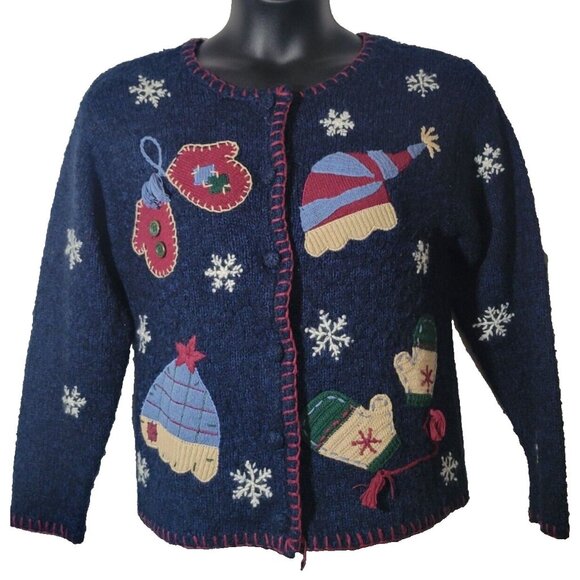 Croft & Barrows Petite Medium Ugly Christmas Sweater Cardigan Silk Wool Winter - Picture 1 of 9